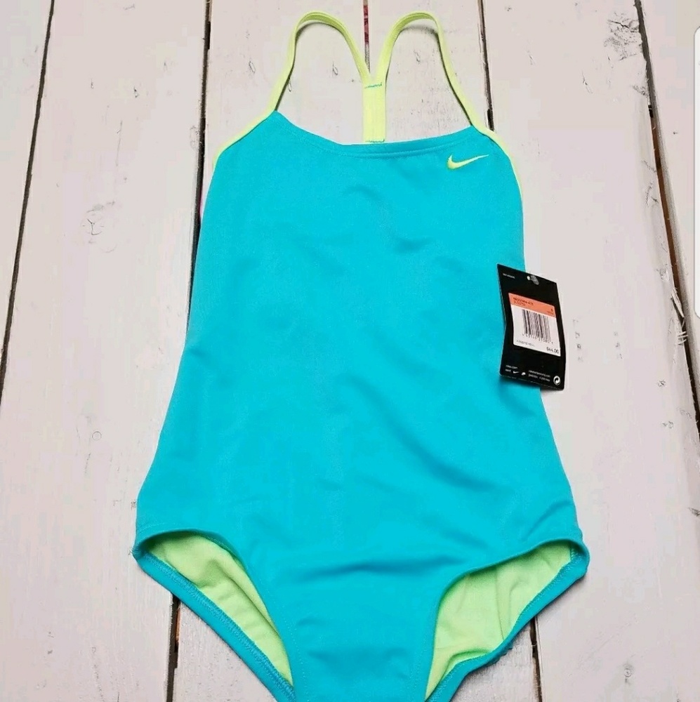 Nike Girls Swimsuit Size 8 Aqua and Lime Green
